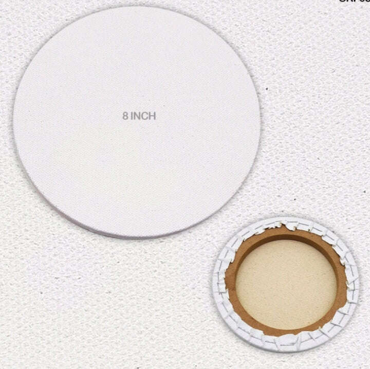 Round stretched canvas board, 8 inch; white frame and brown inner backing ring.