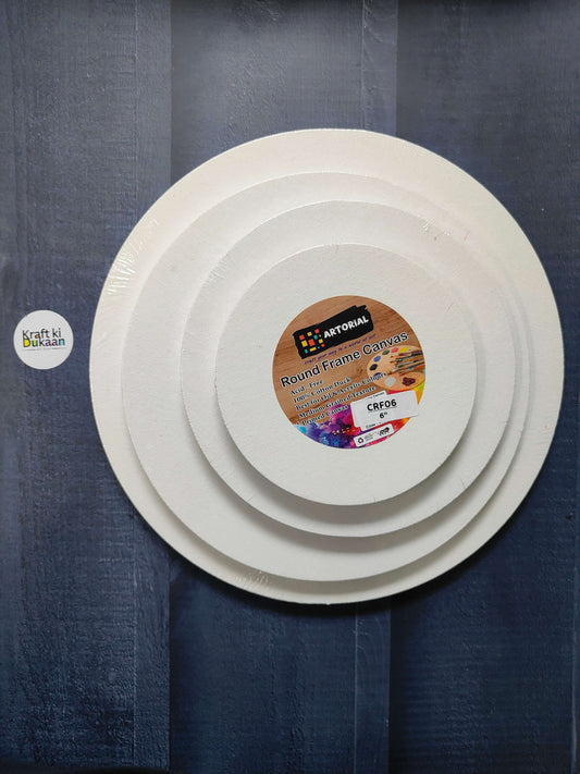 Round stretched canvas board with frame, white front with label