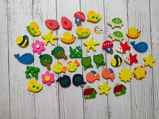 Assorted cartoon magnets set with fish, starfish, flowers, turtles and more