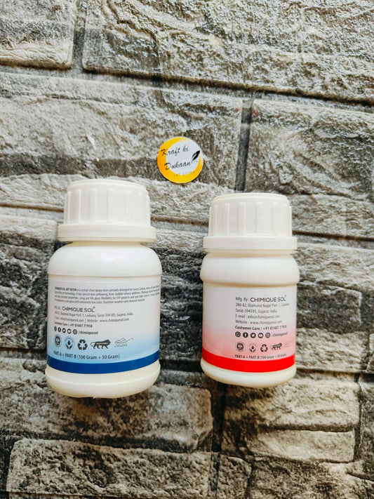 Epoxy resin and hardener bottles set, back labels visible on two white-capped bottles