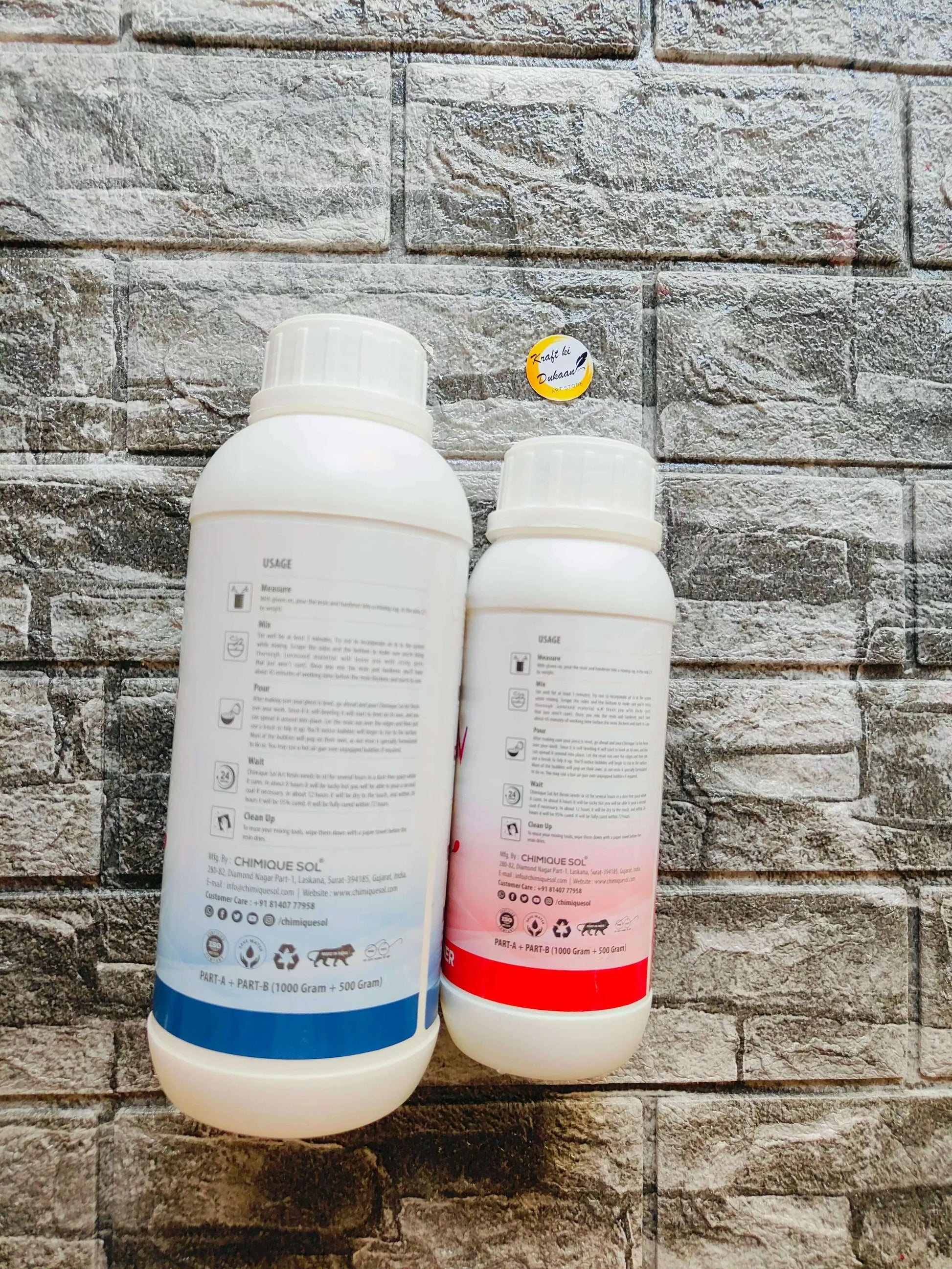 Epoxy resin set bottles with back label text for usage, part A and part B
