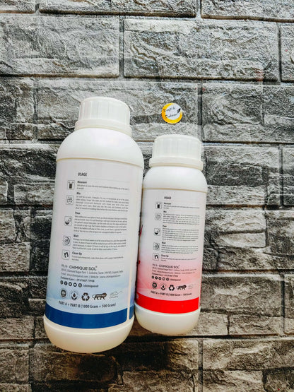 Epoxy resin set back labels showing usage details, resin A and hardener B