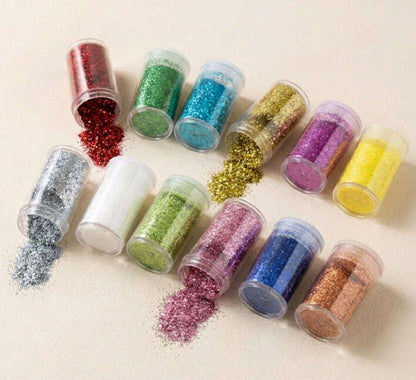 Set of 12 chunky glitter jars in assorted shades: red, green, blue, gold, silver, purple