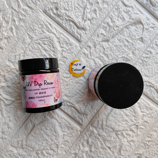 Clear UV dip resin from Kraft ki Dukaan in 100ml jar for crafting and DIY projects