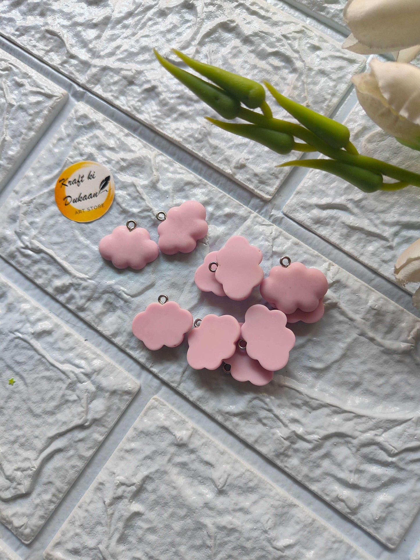 Pink cloud flower charm pendants with metal loops, 10PC set