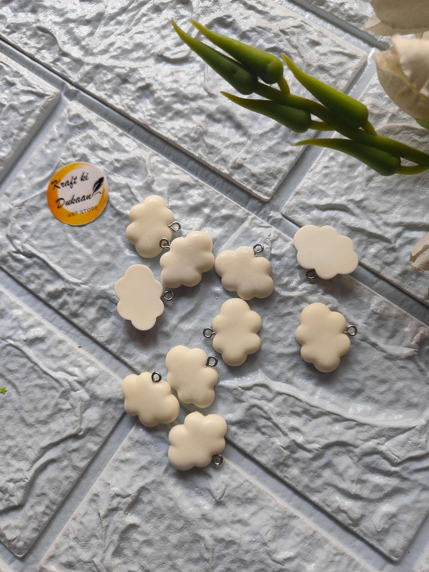 Cream cloud flower charm pendants with loop tops, 10PC set