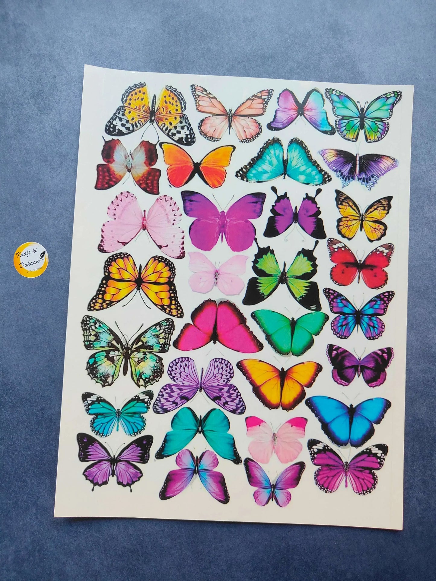 A4 size color stickers featuring a variety of vibrant butterfly designs in multiple colors