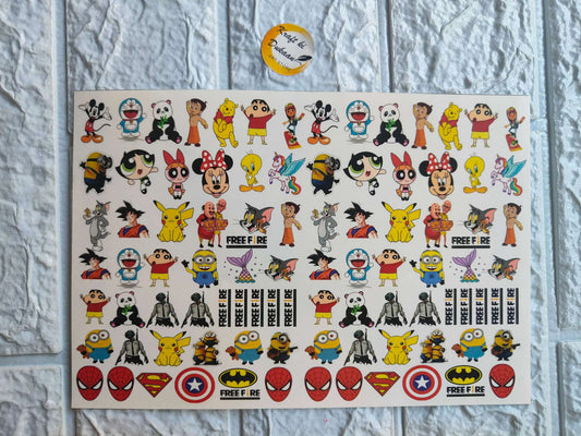 Colorful rakhi stickers for kids featuring popular cartoon characters and designs