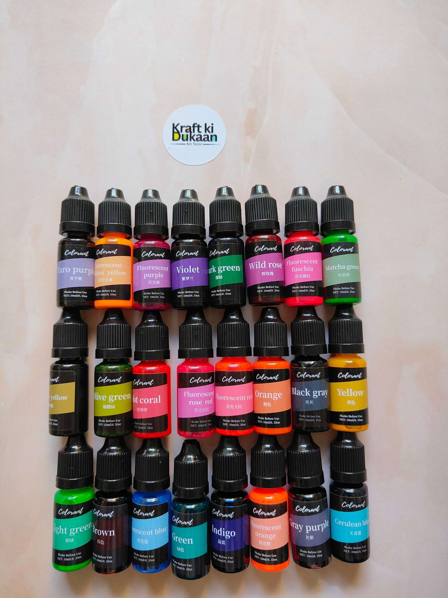 Colorant set of 24 bottles with assorted colors in dropper caps