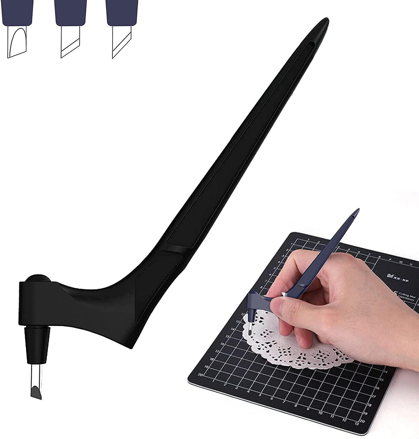 Black 360-degree rotating cutting tool used for precision craft cutting on paper with ergonomic handle