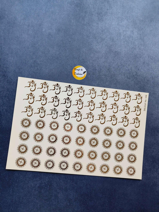 A5 gold embossed sticker sheet with decorative swirl and Om-style icons