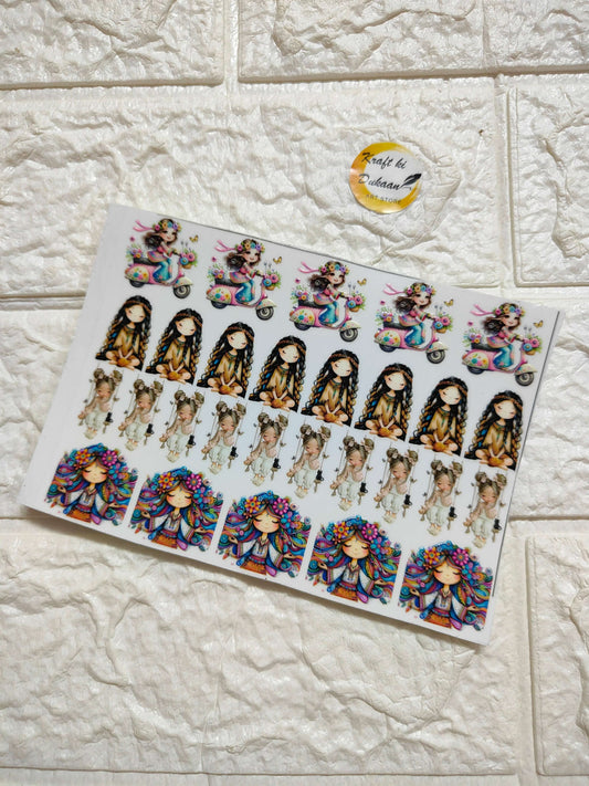 UV DTF peel-off sticker sheet J65 with colorful cartoon girl and boy designs