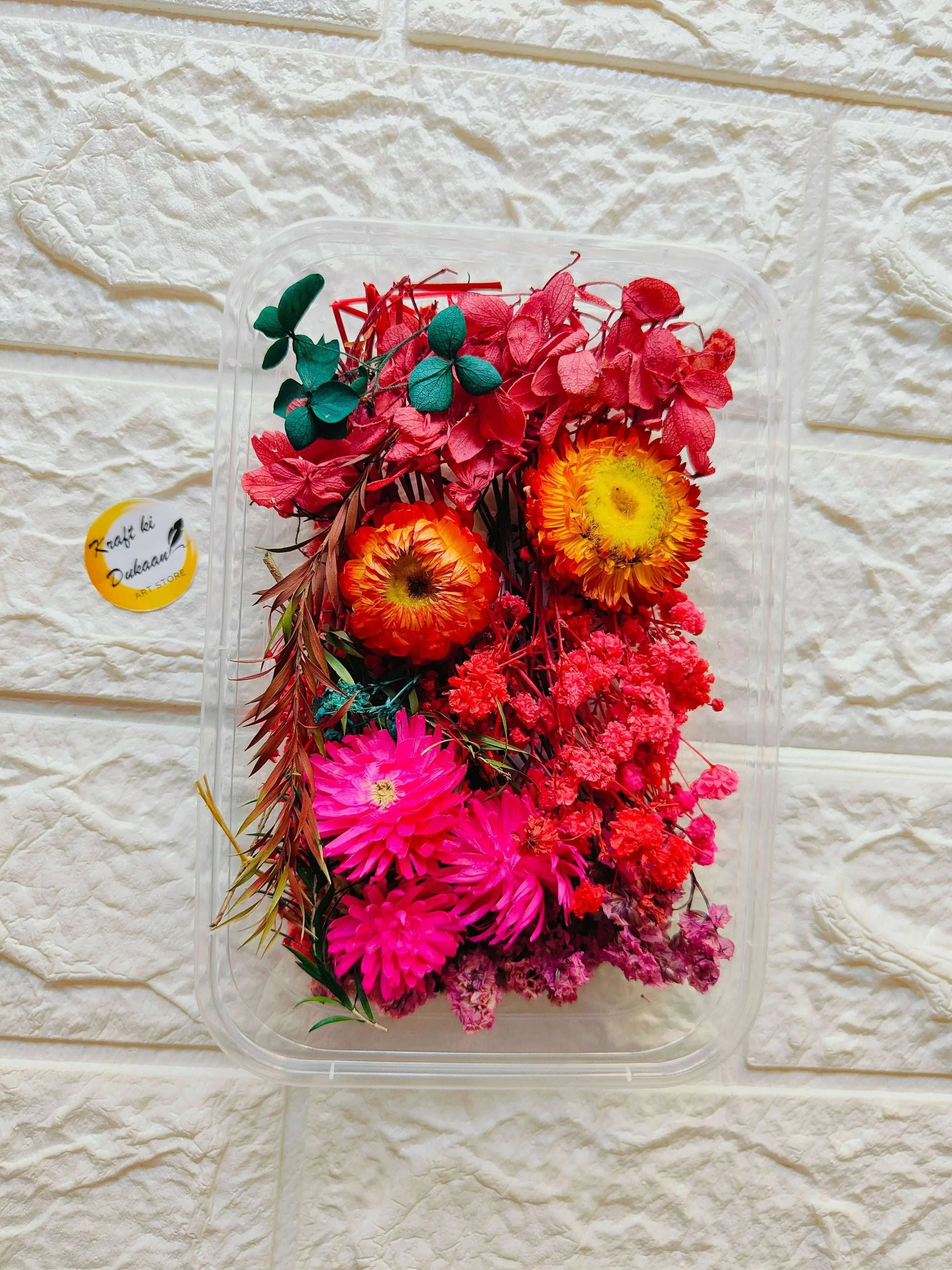 Dry Flower Box C2 with clear lid; red and pink dried flowers with green leaves