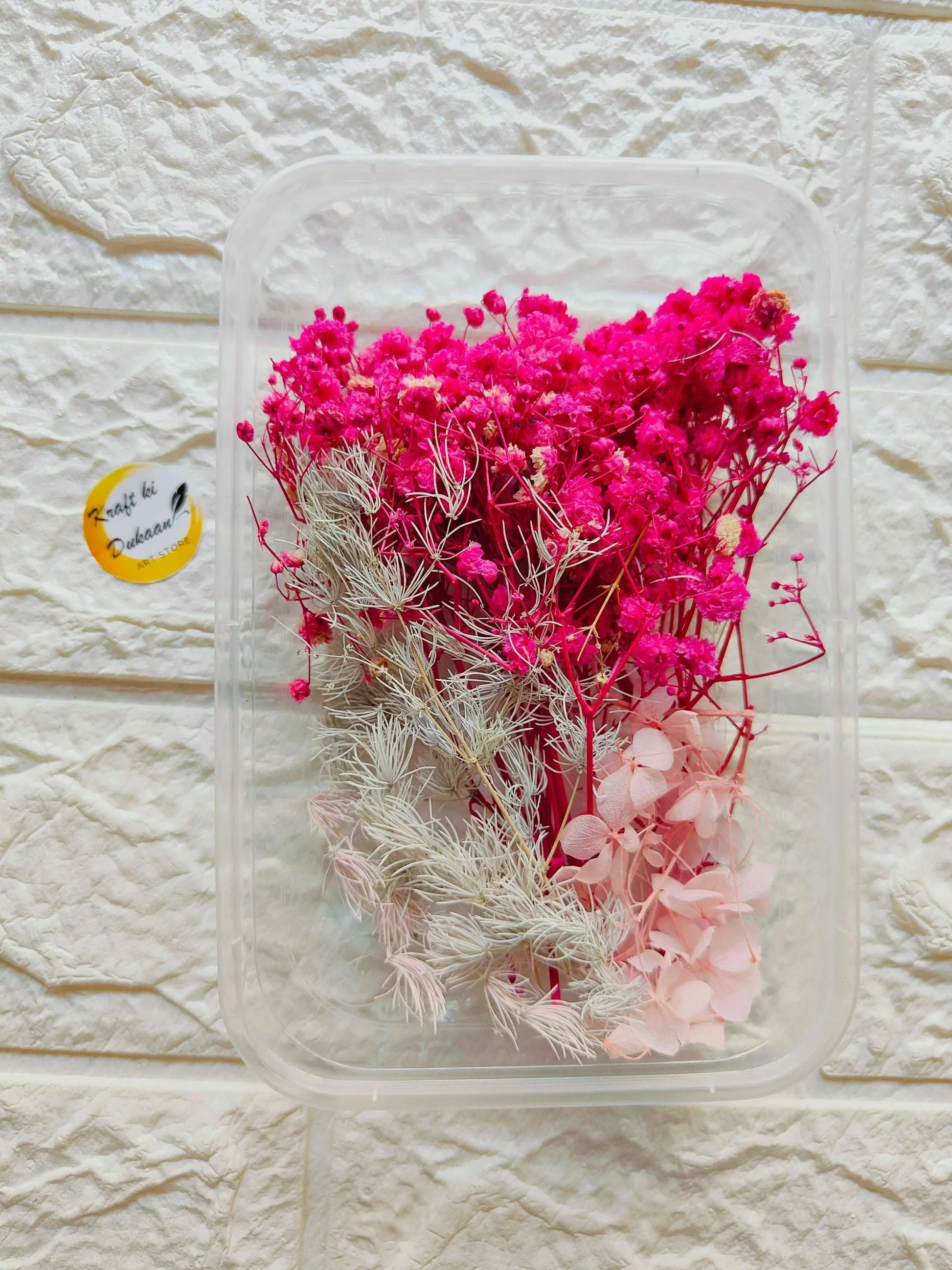 Dry Flower Box C5 with pink and white dried flowers in a clear acrylic container