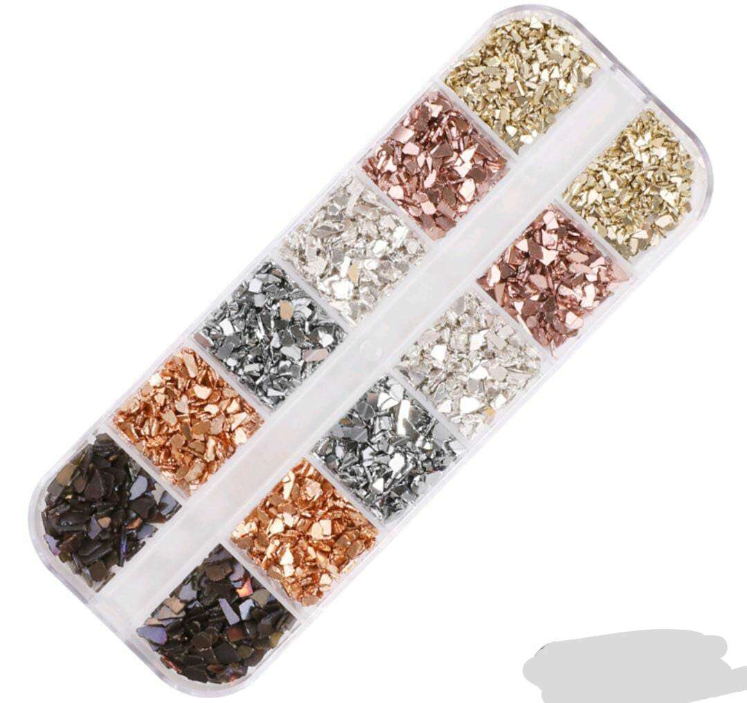 Crystal chips box, long organizer with separate trays of black, copper, gold, and silver chips