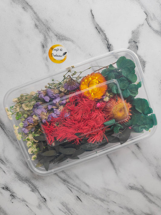 Transparent container filled with vibrant dry flowers for resin art, perfect for crafting enthusiasts