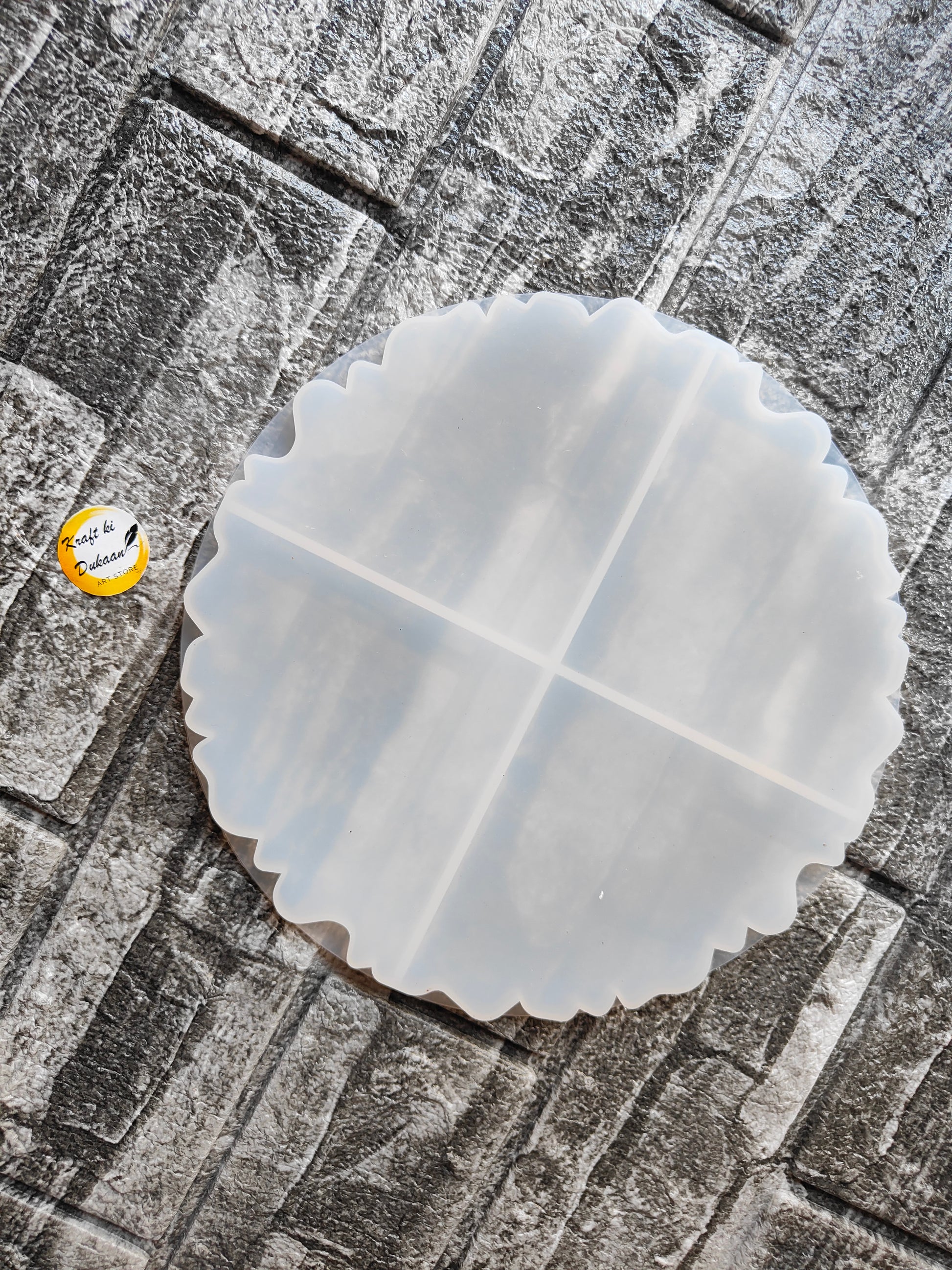 Clear 8 inch silicone pizza mold for crafting with a fluted edge, perfect for baking and arts projects