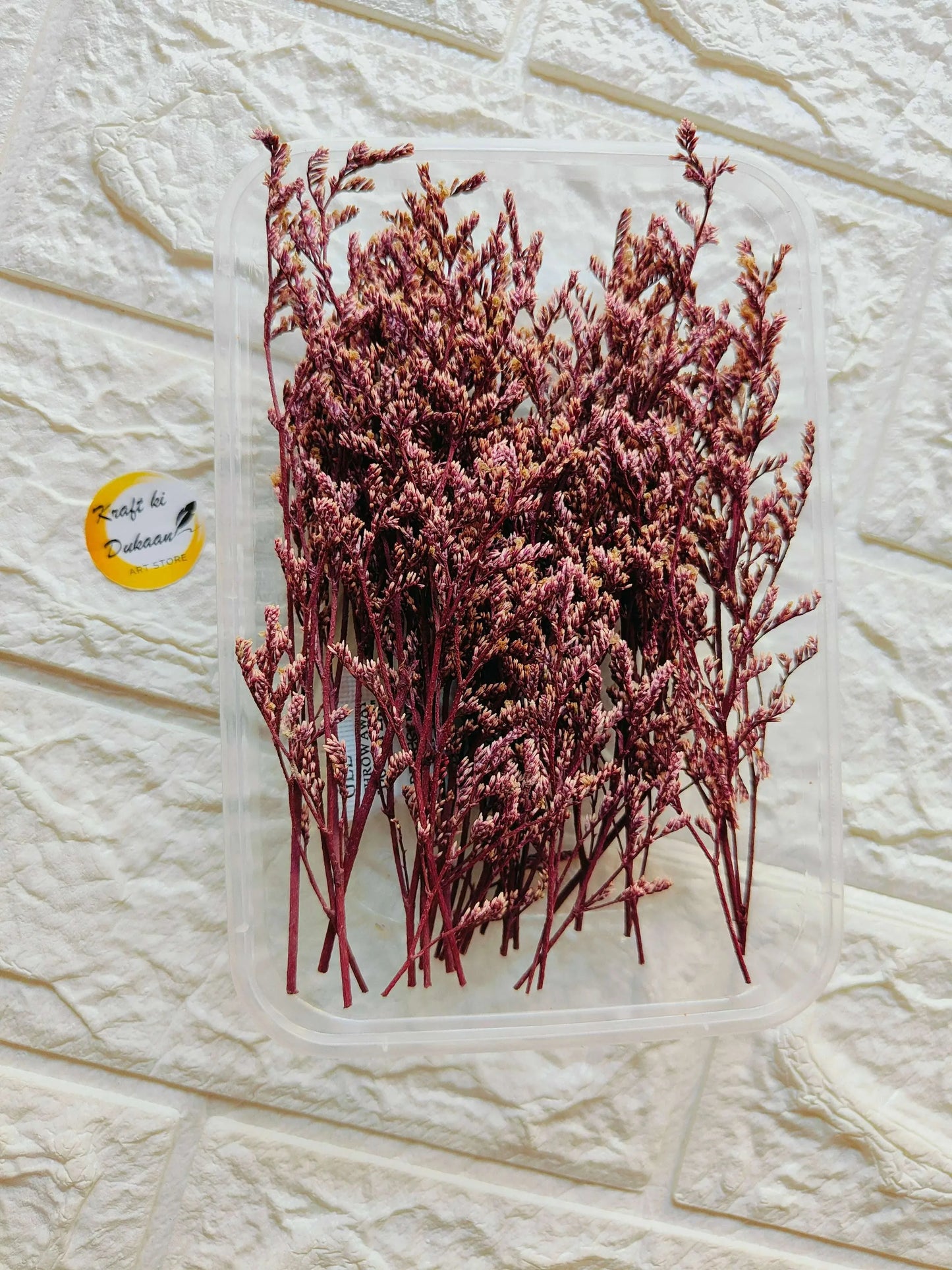 Dry Flower Box A3 with dark maroon dried flower stems in a clear plastic tray