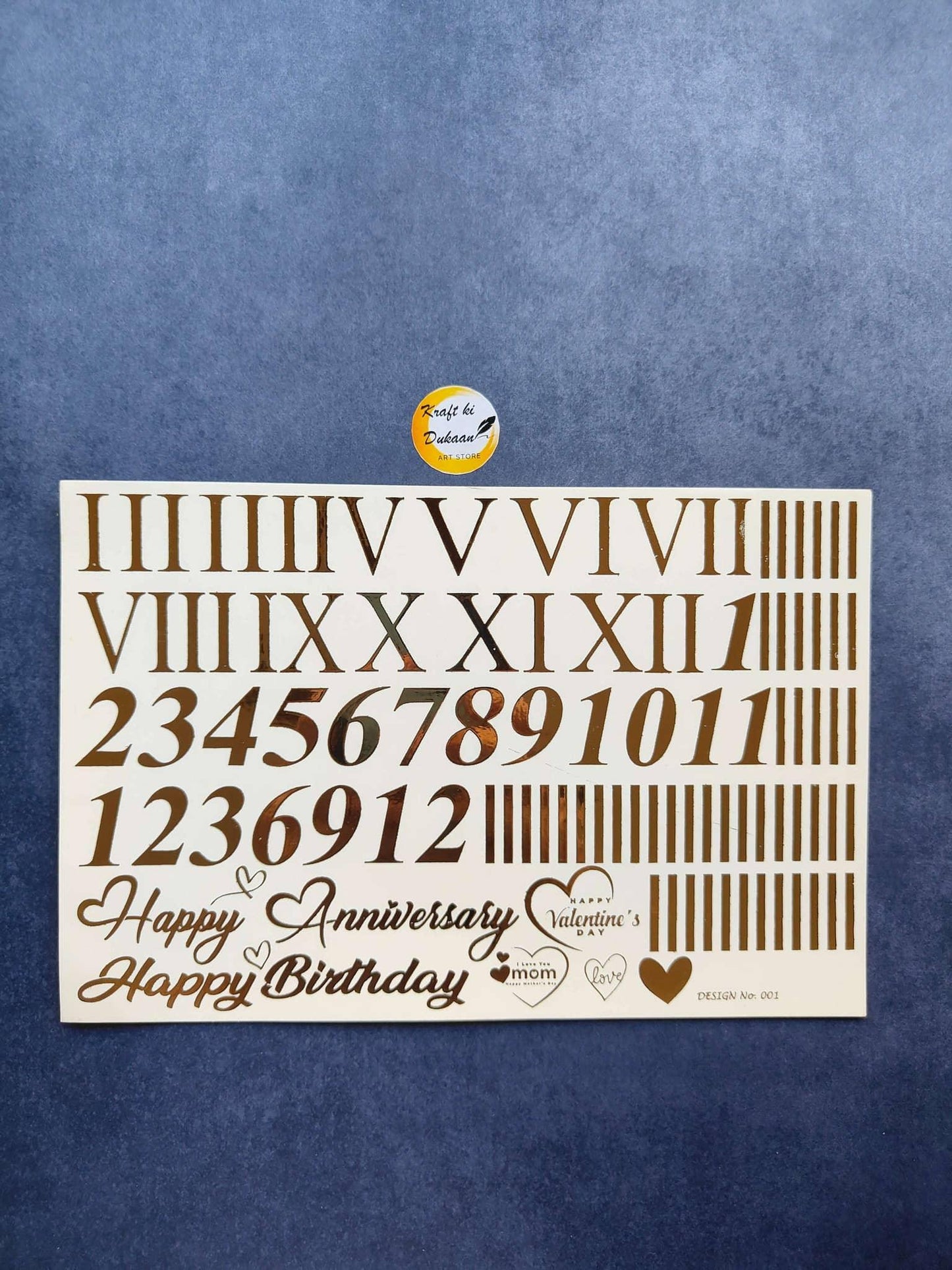 A5 gold embossed sticker sheet: Roman numerals, numbers, “Happy Anniversary” and “Happy Birthday”.