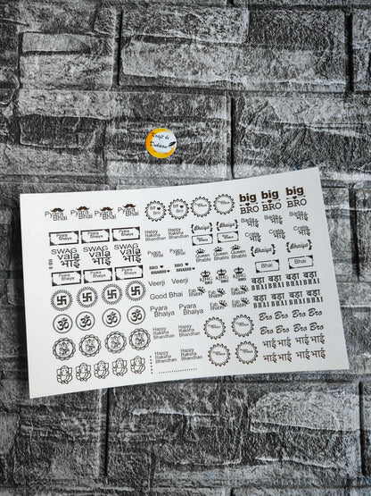 A5 gold embossed sticker sheet with text and circular/flower designs on a white sheet