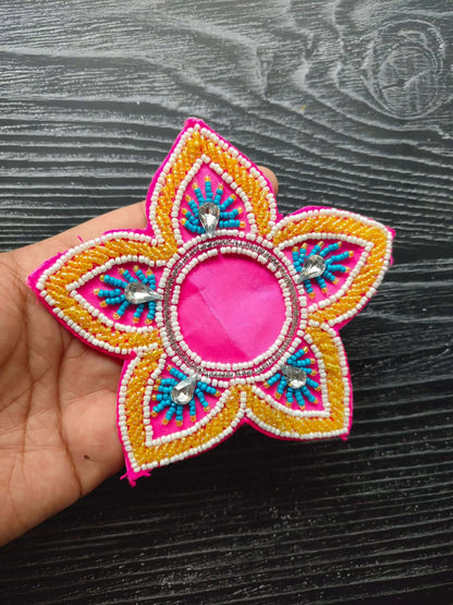 Decorative patch, pink center flower with red/yellow petals and rhinestone bead work