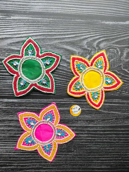 Decorative patch, green center flower with red/white border and beaded details