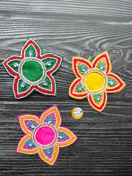Decorative patch, green center flower with red/white border and beaded details
