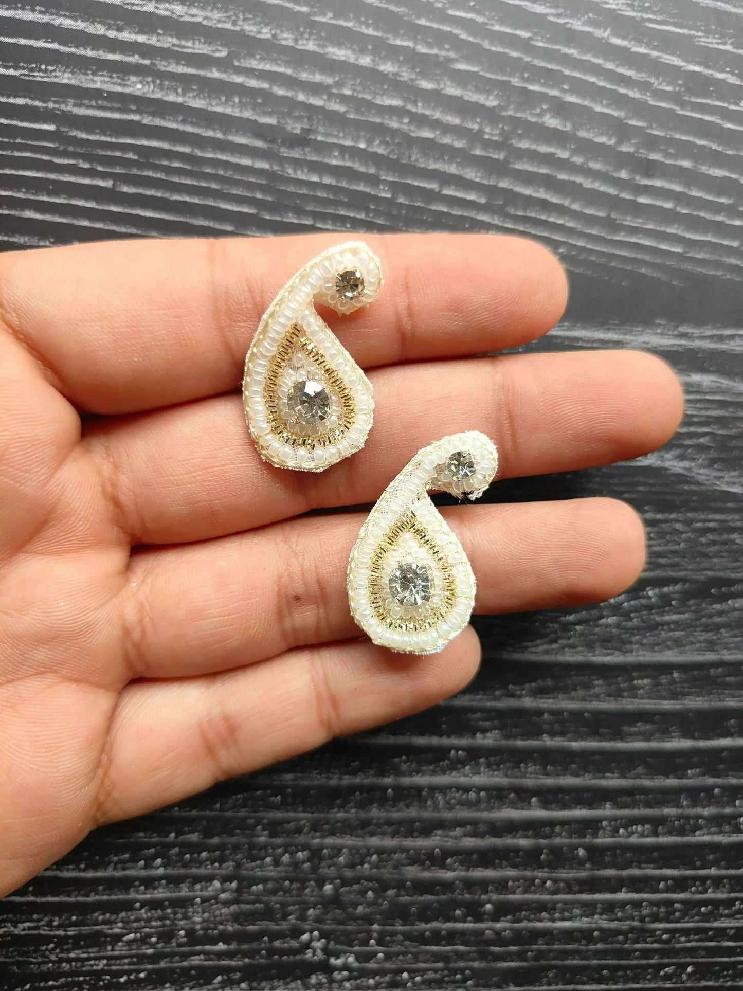 Small teardrop rhinestone decorative patch, gold beaded border, set of 2 shown