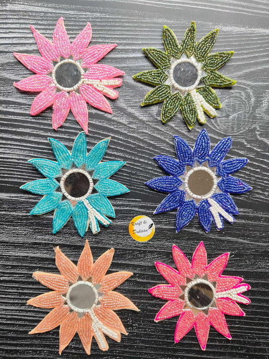 Decorative beaded flower patches, multiple colors: pink, green, blue, teal