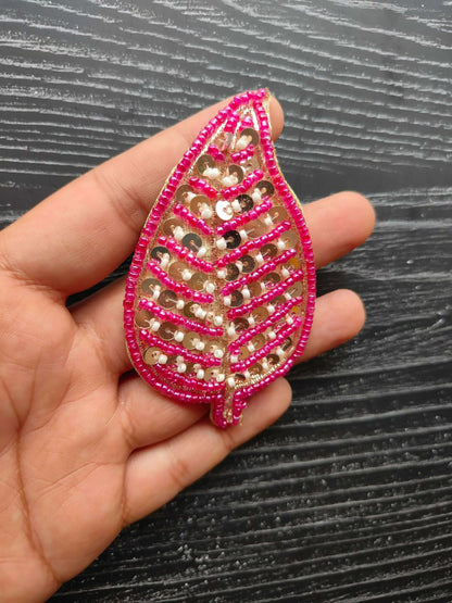 Pink sequin teardrop decorative patch with beadwork, pointed top and bottom