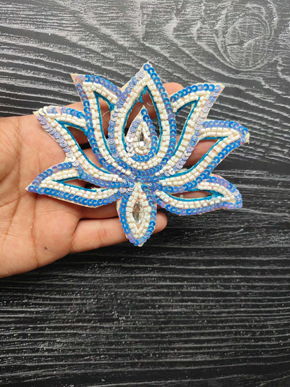 Blue and white sequin lotus flower decorative patch with gem center
