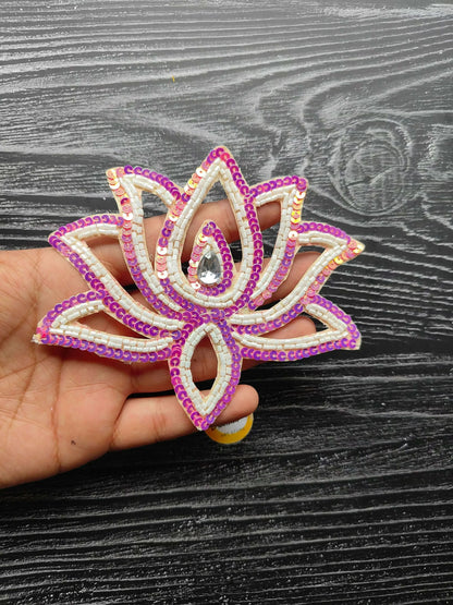 Pink and white sequin lotus flower decorative patch with gem center