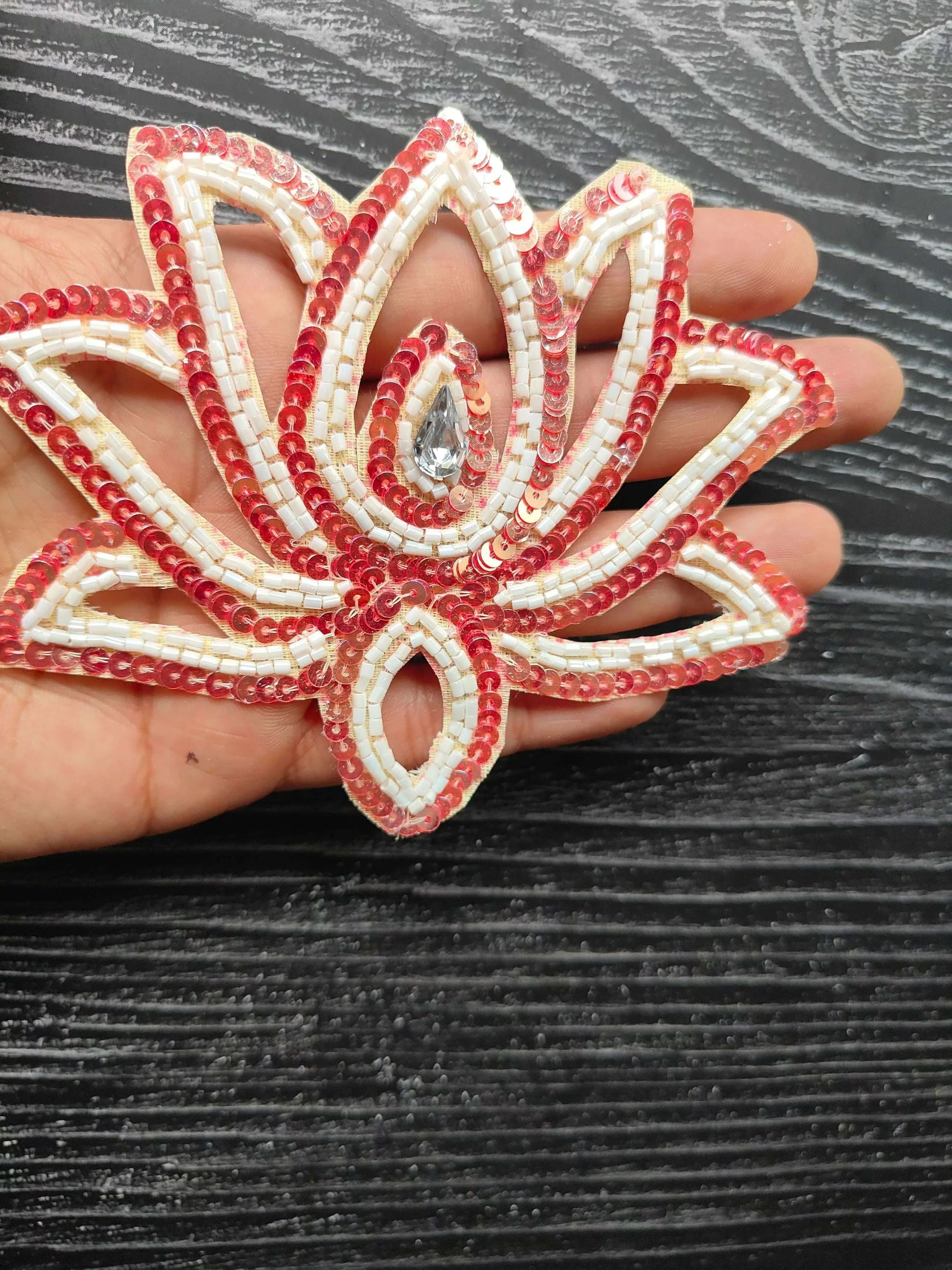 Red and white sequin lotus flower decorative patch with gem center