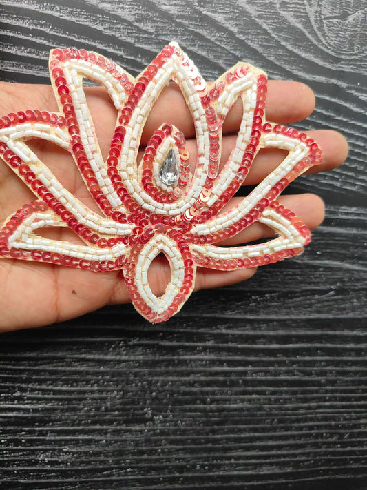 Red and white sequin lotus flower decorative patch with gem center