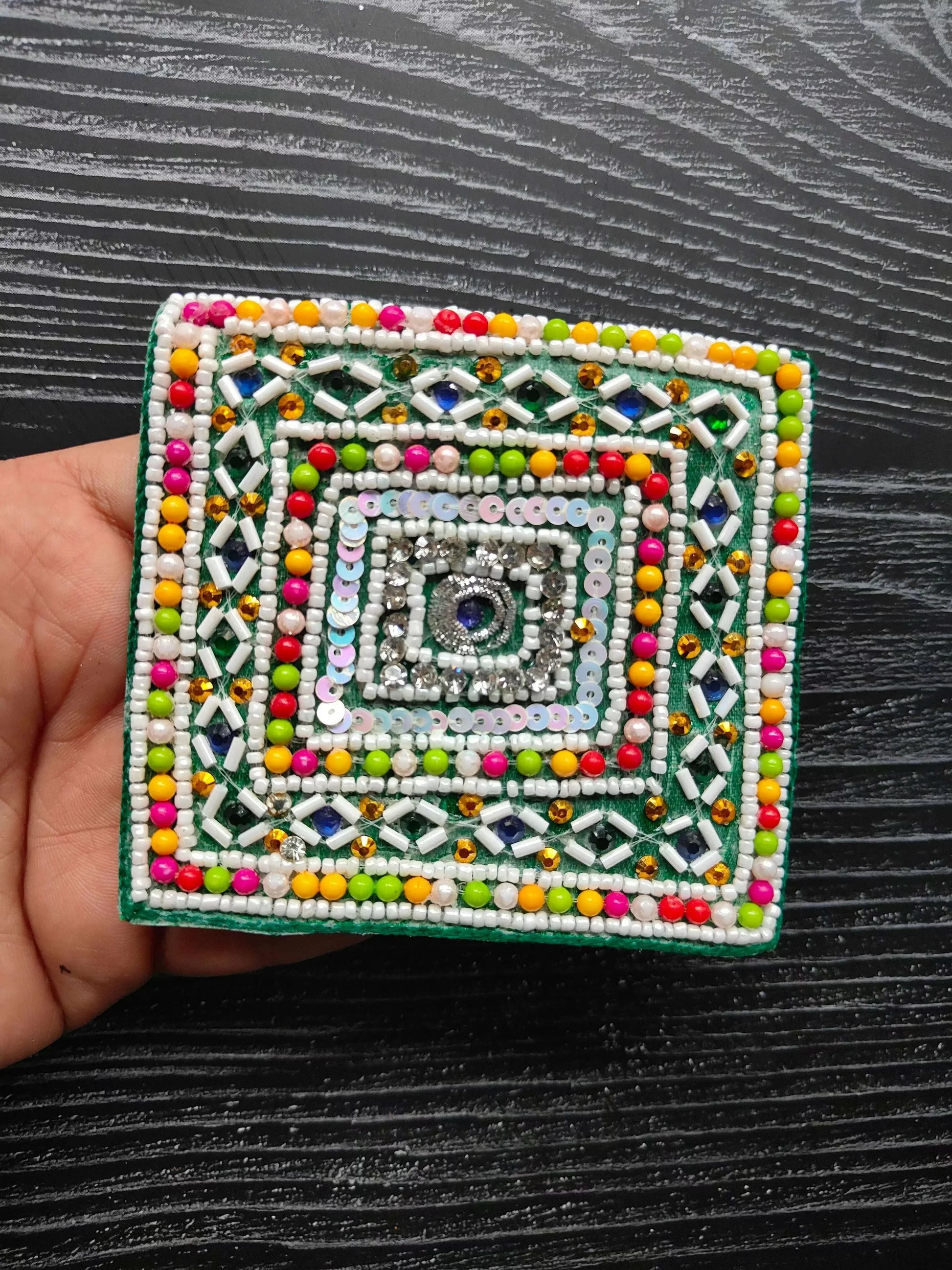 Square sequin and bead decorative patch with multi-color edge and white diamond trim