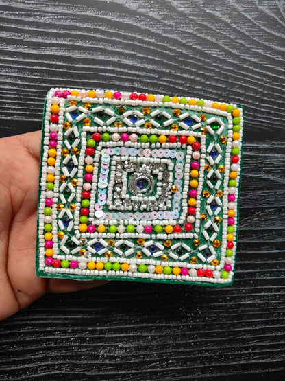 Square sequin and bead decorative patch with multi-color edge and white diamond trim