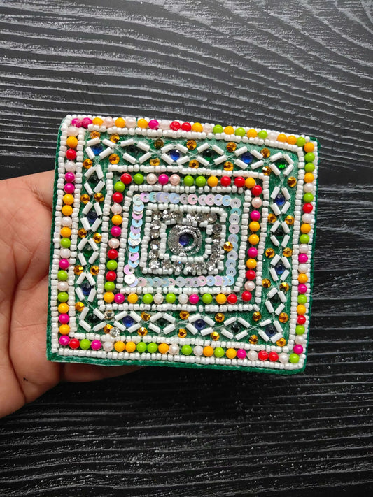 Square sequin and bead decorative patch with multi-color edge and white diamond trim