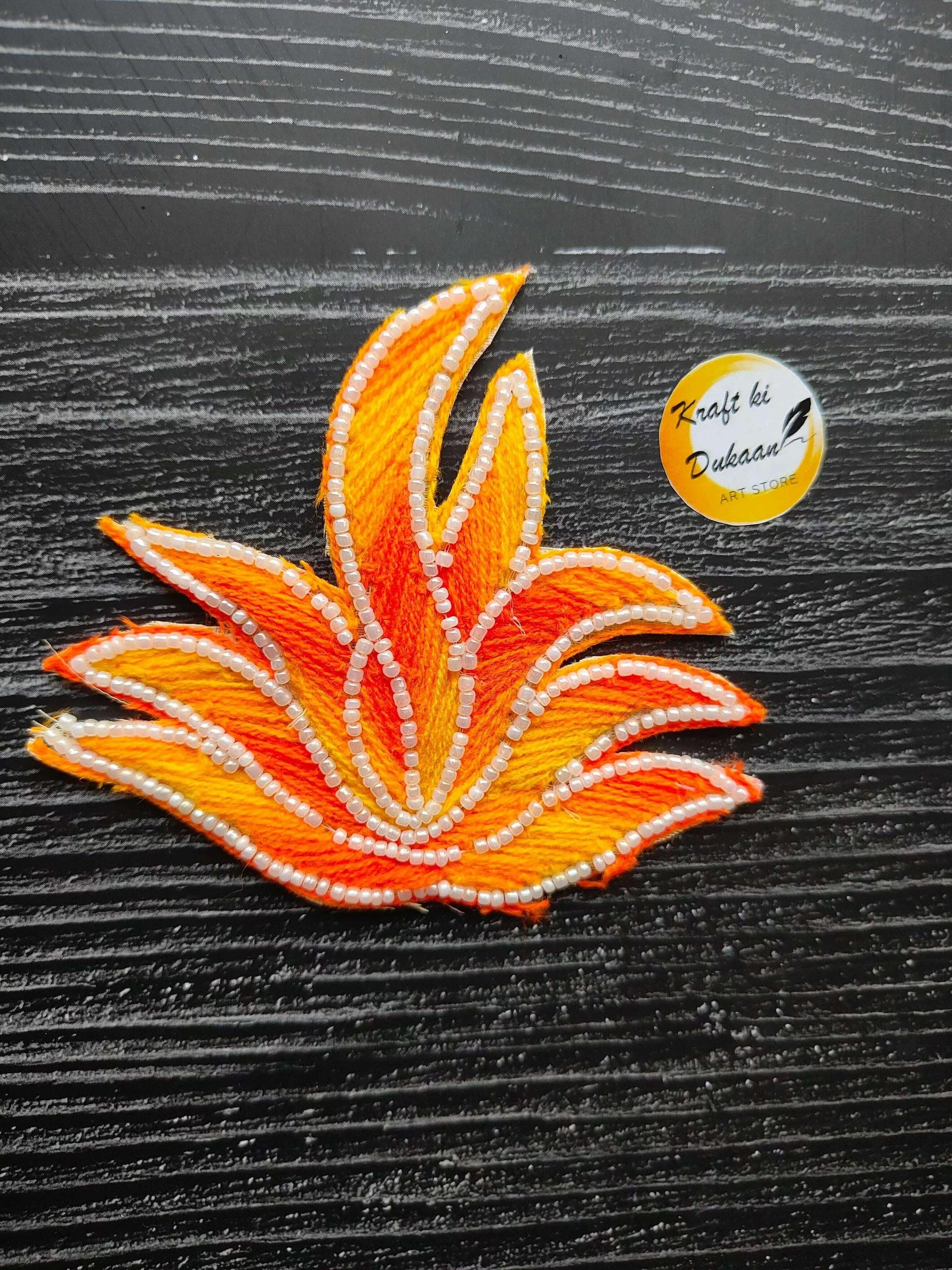 Decorative patch: orange leaf with white bead trim, set of 2