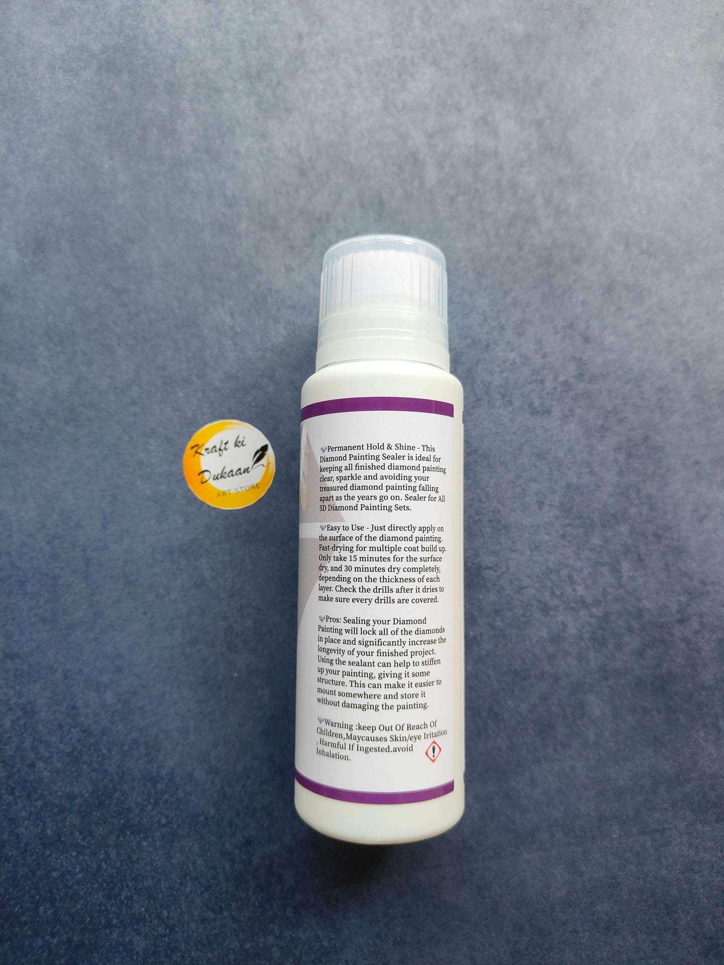 Diamond painting sealer bottle back label, 120ML on white bottle with purple band