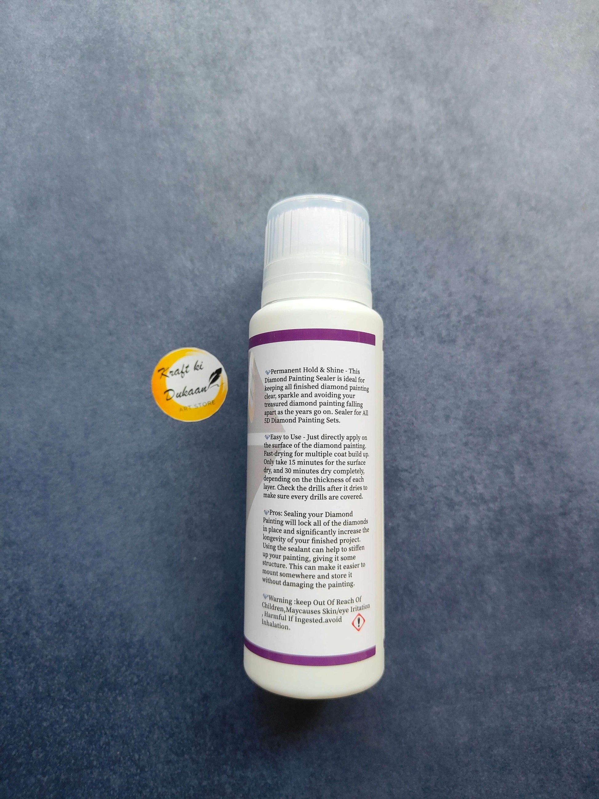 Diamond painting sealer bottle back label, 120ML on white bottle with purple band