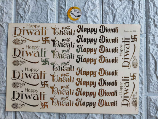 A5 gold embossed Happy Diwali sticker sheet with repeating text and decorative motifs