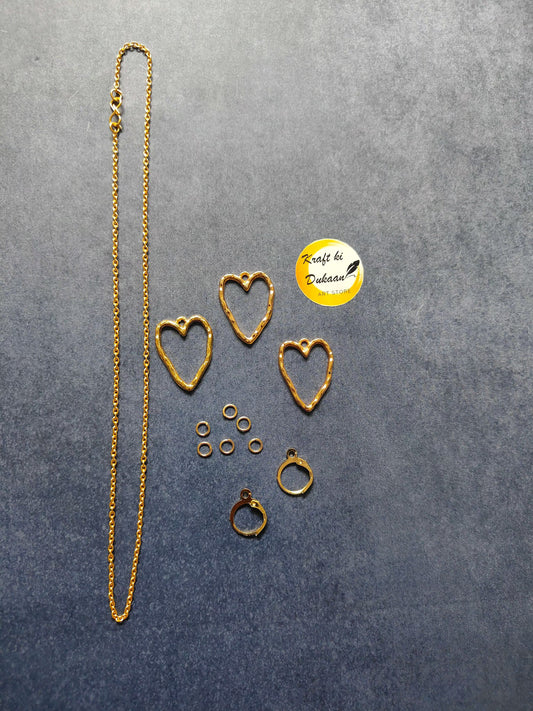 Gold heart pendant necklace chain with matching heart stud earrings and ring pieces