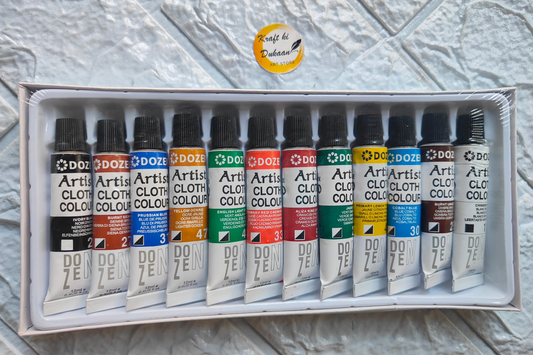 Doze artist cloth paint set with 12 vibrant colors in tubes for fabric painting and crafting