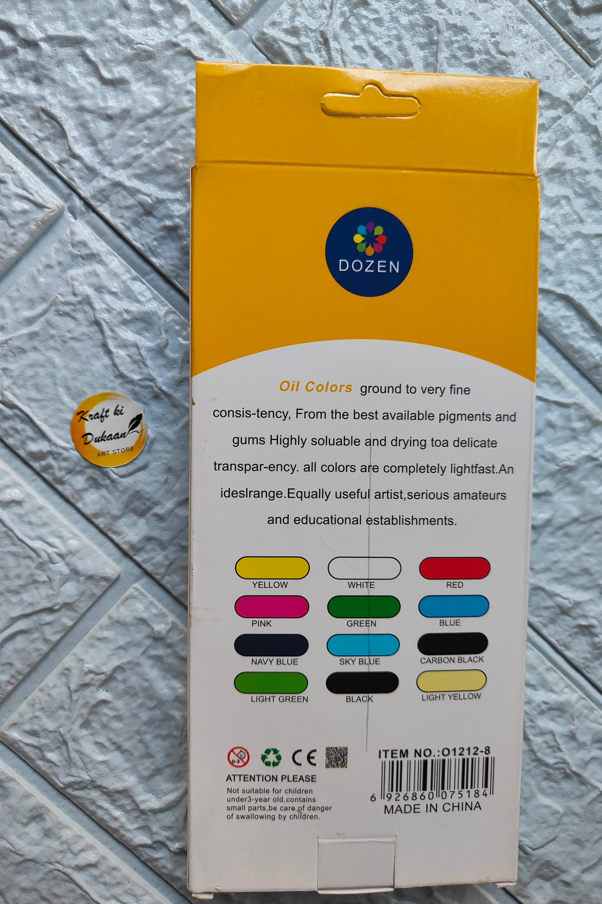 Kraft ki Dukaan Dozen Oil Colors Set in Yellow, Red, Blue, and more for artists and educational use.