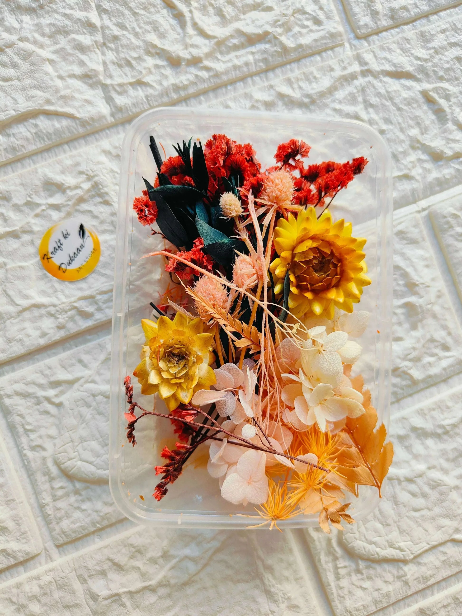 Dry Flower Box C16 with assorted red, yellow, and white dried flowers in a clear case