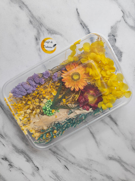 Kraft ki Dukaan dry flower box for resin art featuring vibrant yellow and purple flowers