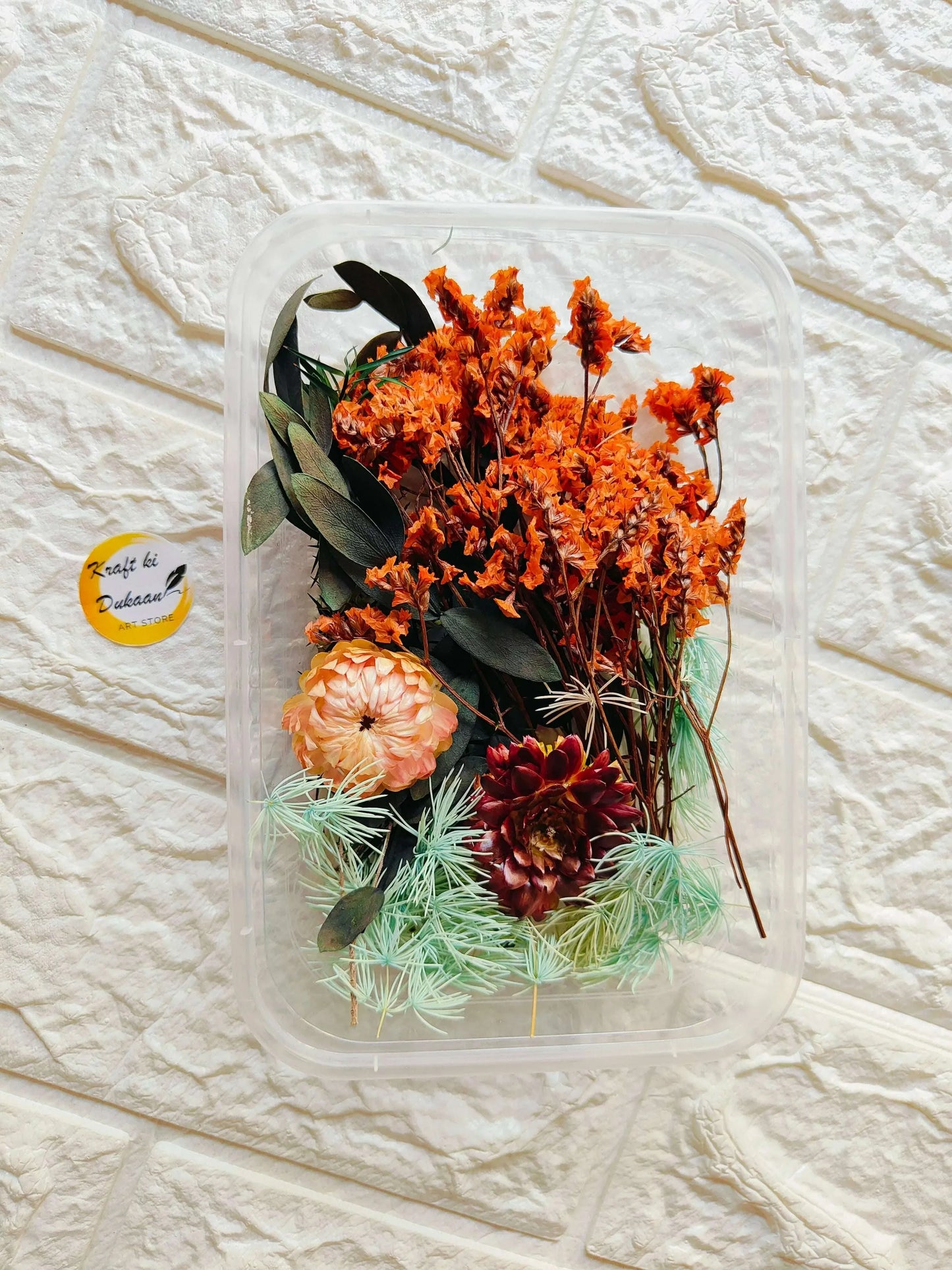 Dry Flower Box C12, transparent case with orange blooms, dark maroon petals, green accents