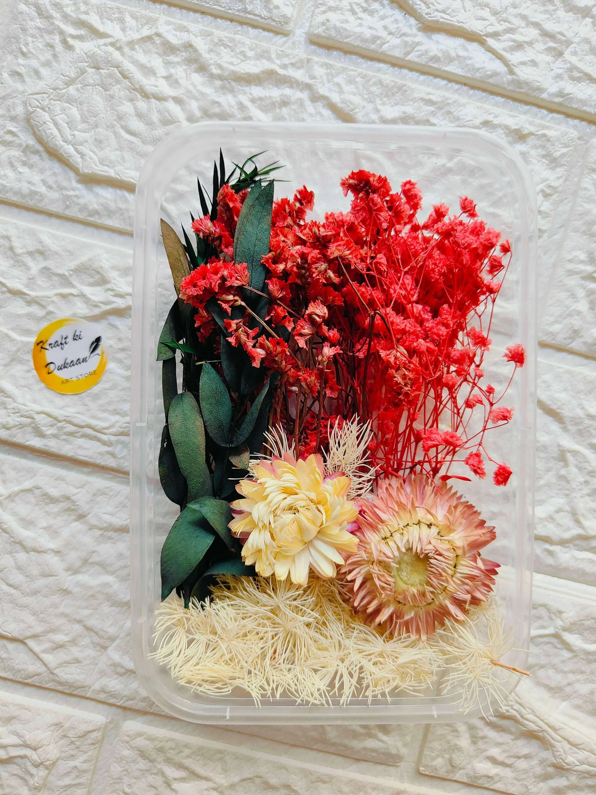 Dry Flower Box C9 with red, cream and peach dried flowers in clear lid.