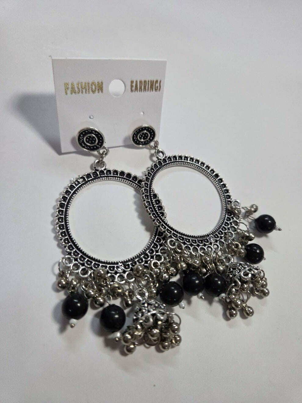 Kashmiri silver round jhumka with black beads and dangling bell accents