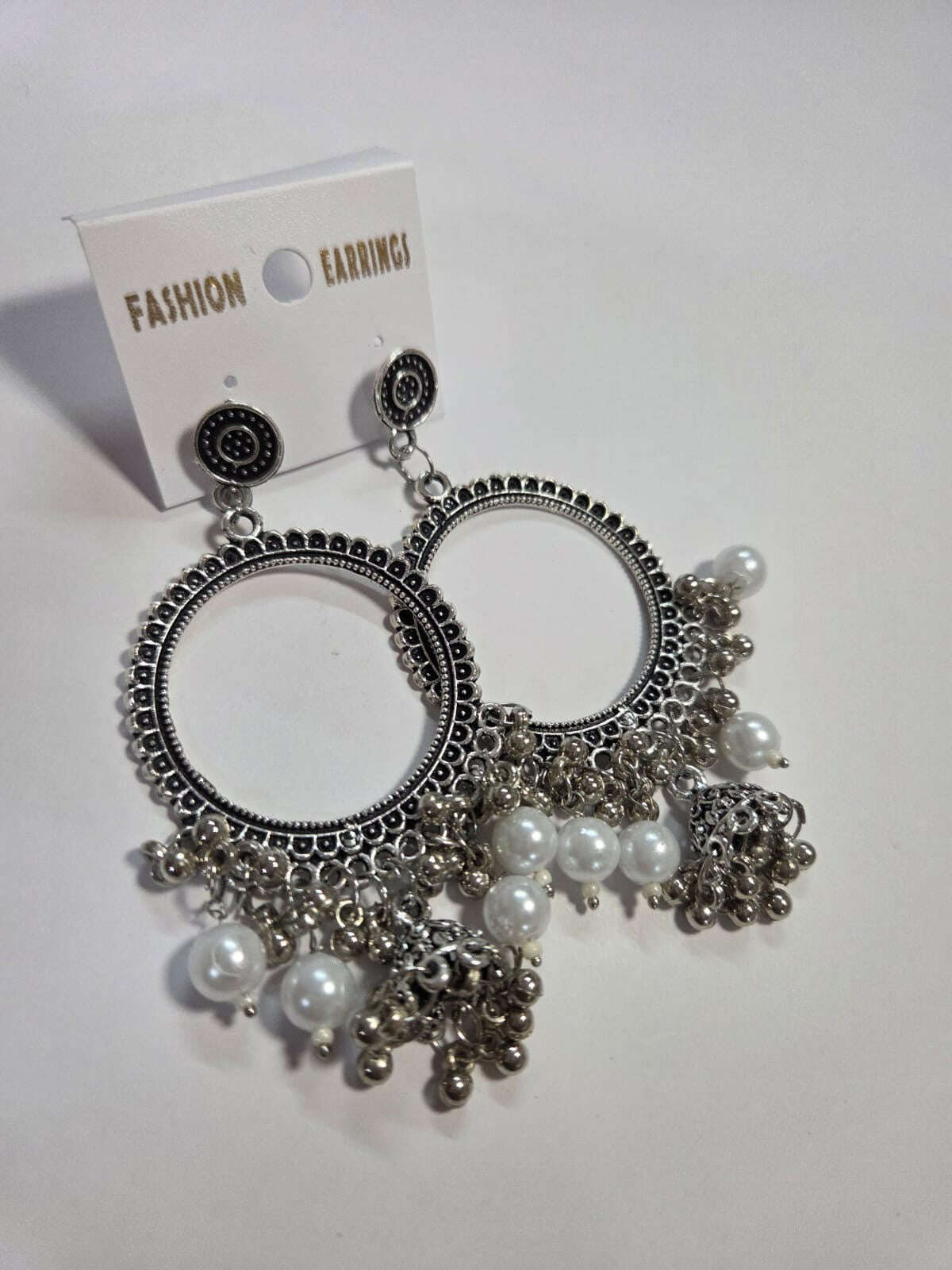 Kashmiri silver round jhumka with white pearl beads and bell fringe